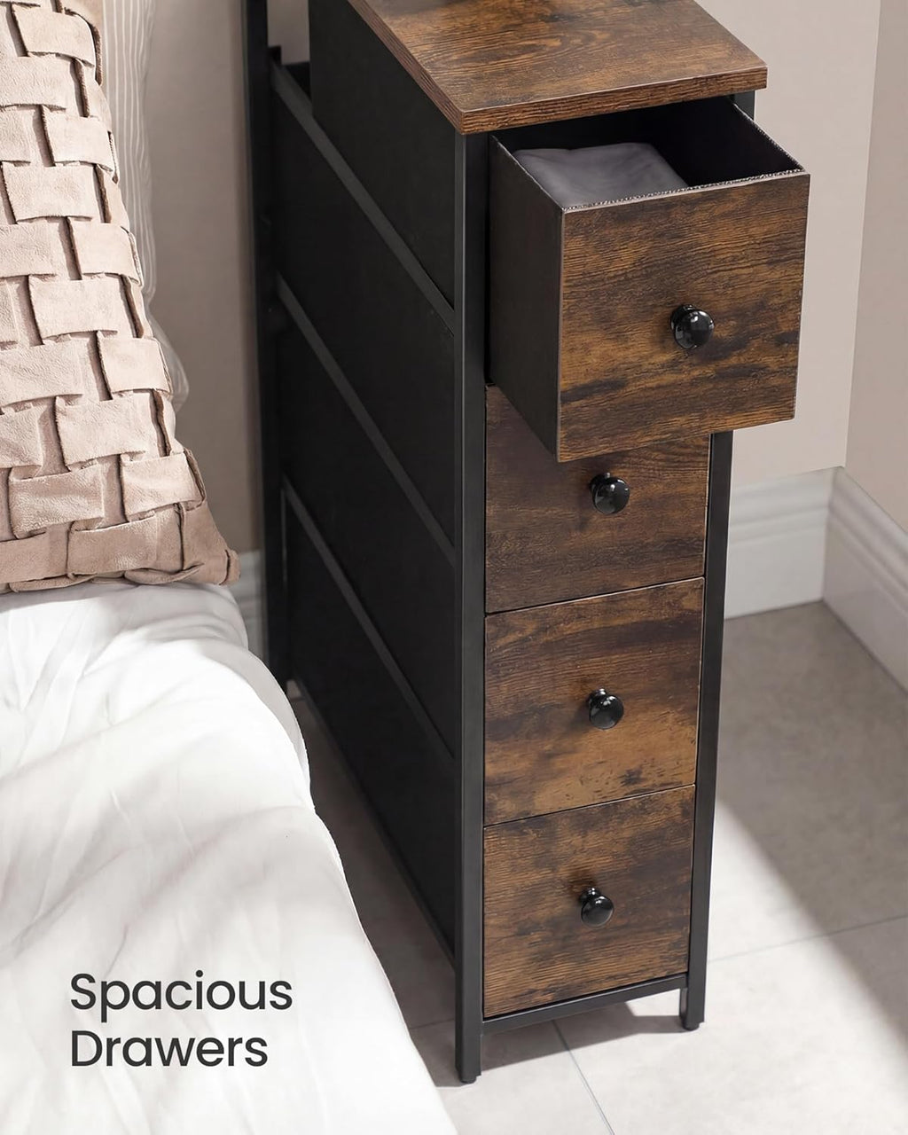 SONGMICS Dresser - Narrow Chest of Drawers for Bedroom Storage | 4-Drawer Organizer in Rustic Brown & Ink Black