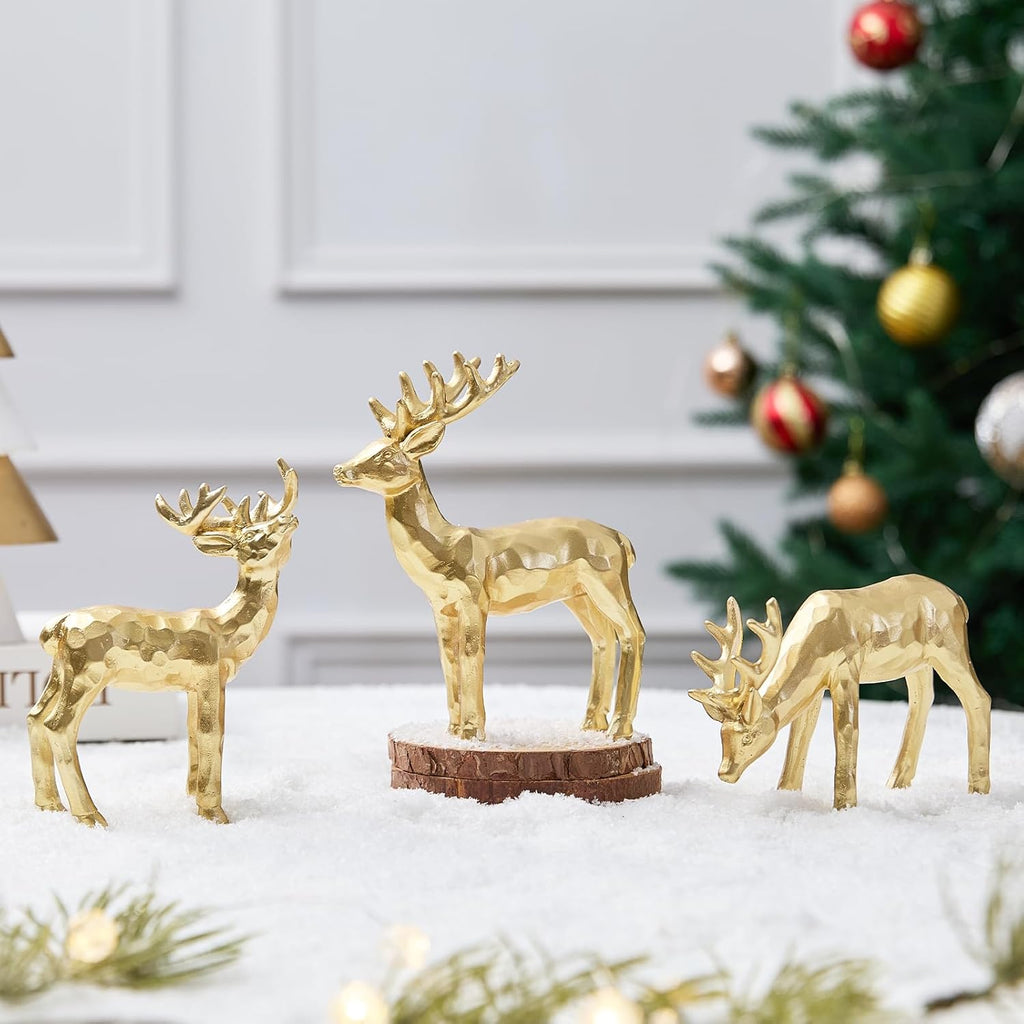 Skiennix 3pcs Resin Reindeer Figurines - Gold Christmas Decor for Tabletop & Mantle