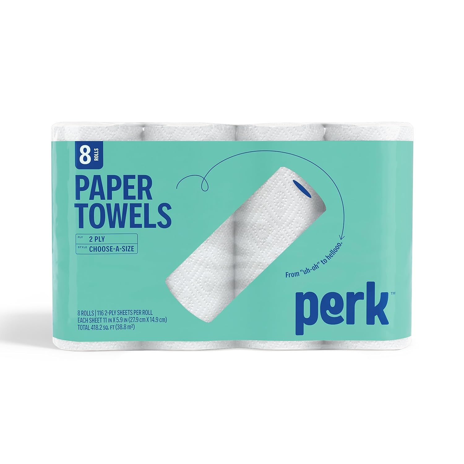 Perk Choose-A-Size Paper Towels - 2-Ply, 116 Sheets/Roll, 8 Rolls | Highly Absorbent Kitchen Towels, White