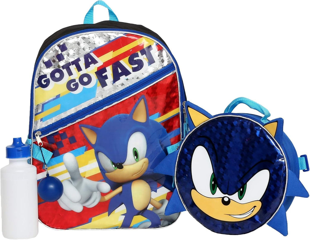 AI ACCESSORY INNOVATIONS Sonic the Hedgehog 4PC Backpack Set for Boys, 16" Sonic Backpack, Lunchbox, Water Bottle & Fidget Ball Kids School Set