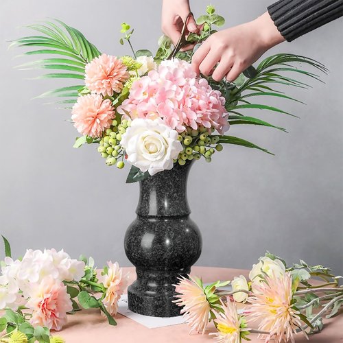 Cemetery Vase, Turned Round Granite Grave Vase Memorial Stone Vases with Draining Hole for Home Tabletop, Cemetery Flowers, Grave Headstone Decorations (1pc, Black)