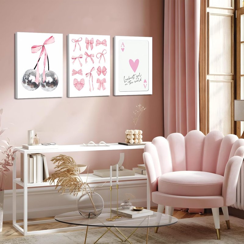 Pink Bows Wall Art Set of 3, Preppy Coquette Wall Decor, Trendy Disco Ball and Lucky Card Poster Canvas Prints for Teen Girl Apartment Bedroom Living Room Aesthetic 16x24 inch Framed