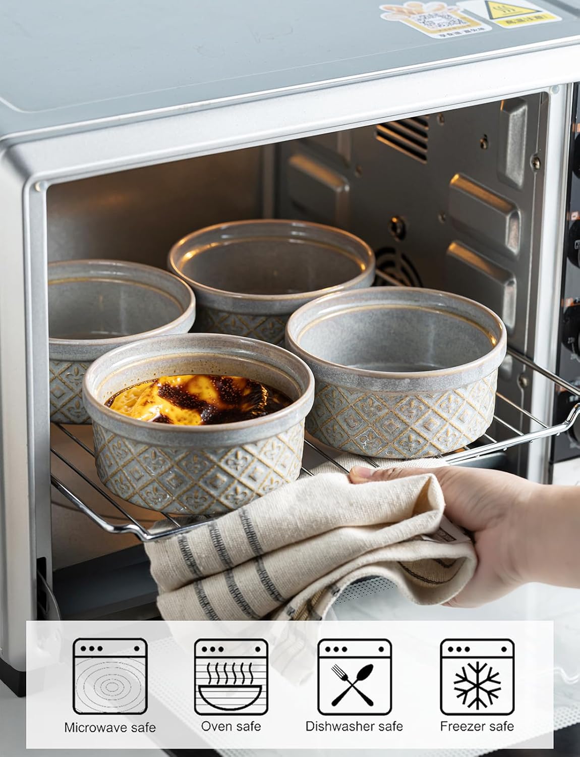 Regine Switzerland 16 oz Ceramic Ramekins - Oven Safe Baking Bowls with Lids | Set of 4 Gray for Creme Brulee & Souffle