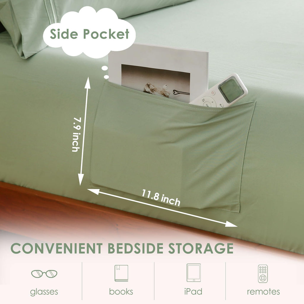 JSD Sage Green Twin Sheet Set with Side Pocket Corner Straps, 3 Piece Soft Kids Microfiber Bed Sheets Extra Deep Pocket