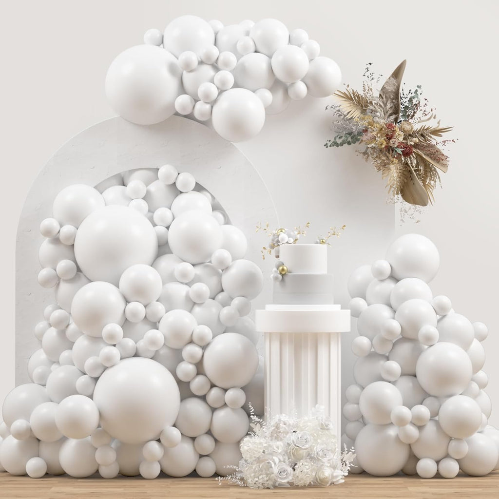 White Double Stuffed Balloons by [Brand Name] - 115Pcs in Various Sizes for Birthday & Wedding Decor