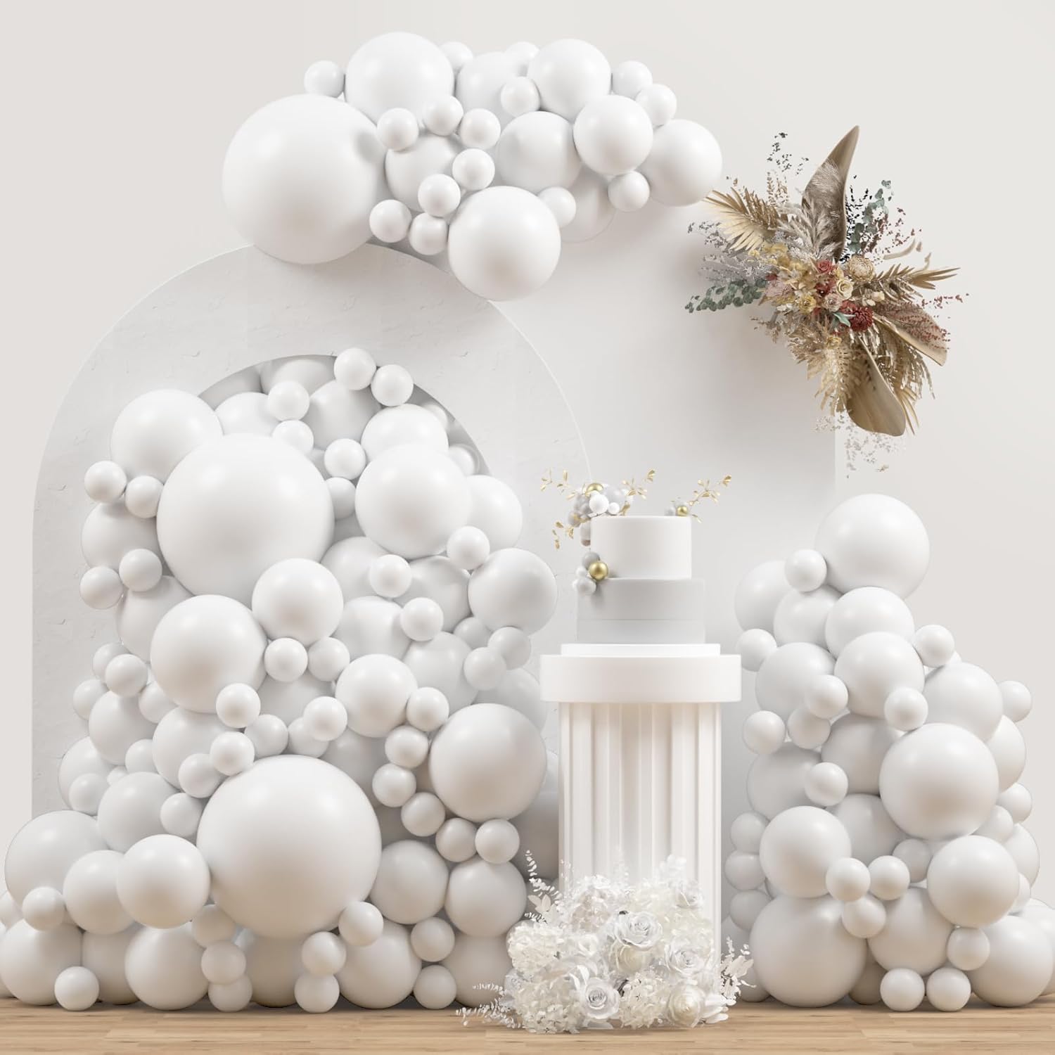 White Double Stuffed Balloons by [Brand Name] - 115Pcs in Various Sizes for Birthday & Wedding Decor
