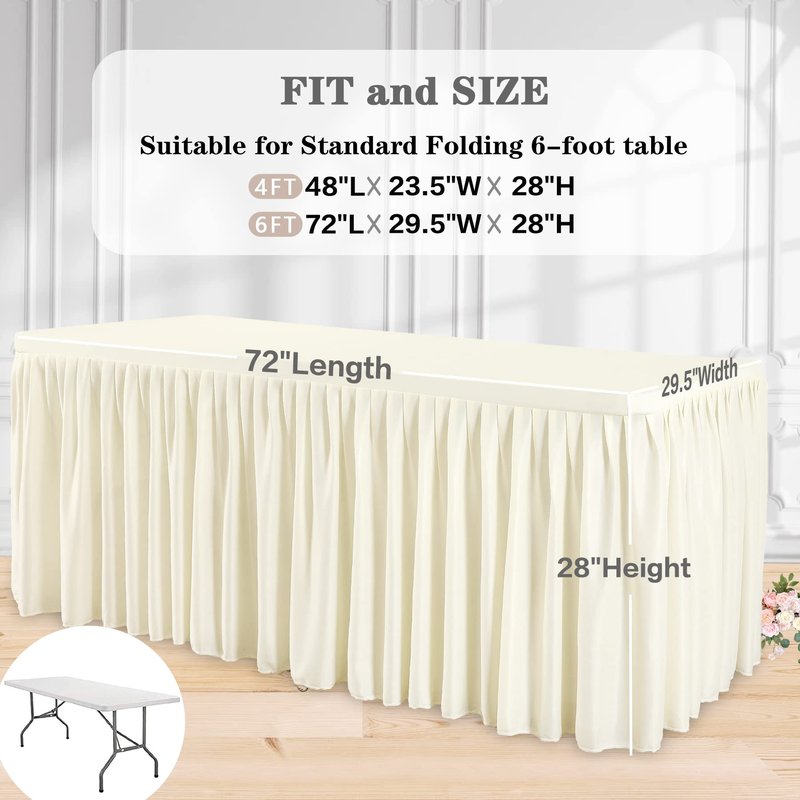 Suppromo Spandex Ivory Table Clothes for 6 ft Rectangle Tables, Wrinkle Free Fitted Tablecloths 6ft Stretchy Ruffle Table Cloth for Parties Weddings Birthday Banquet Baby Shower