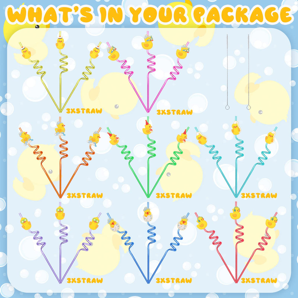 Honoson 24 Pcs Duck Straws Birthday Party Favors Drinking with 2 Pcs Cleaning Brushes Theme Reusable Plastic Silly 8 Designs(Bright Style)