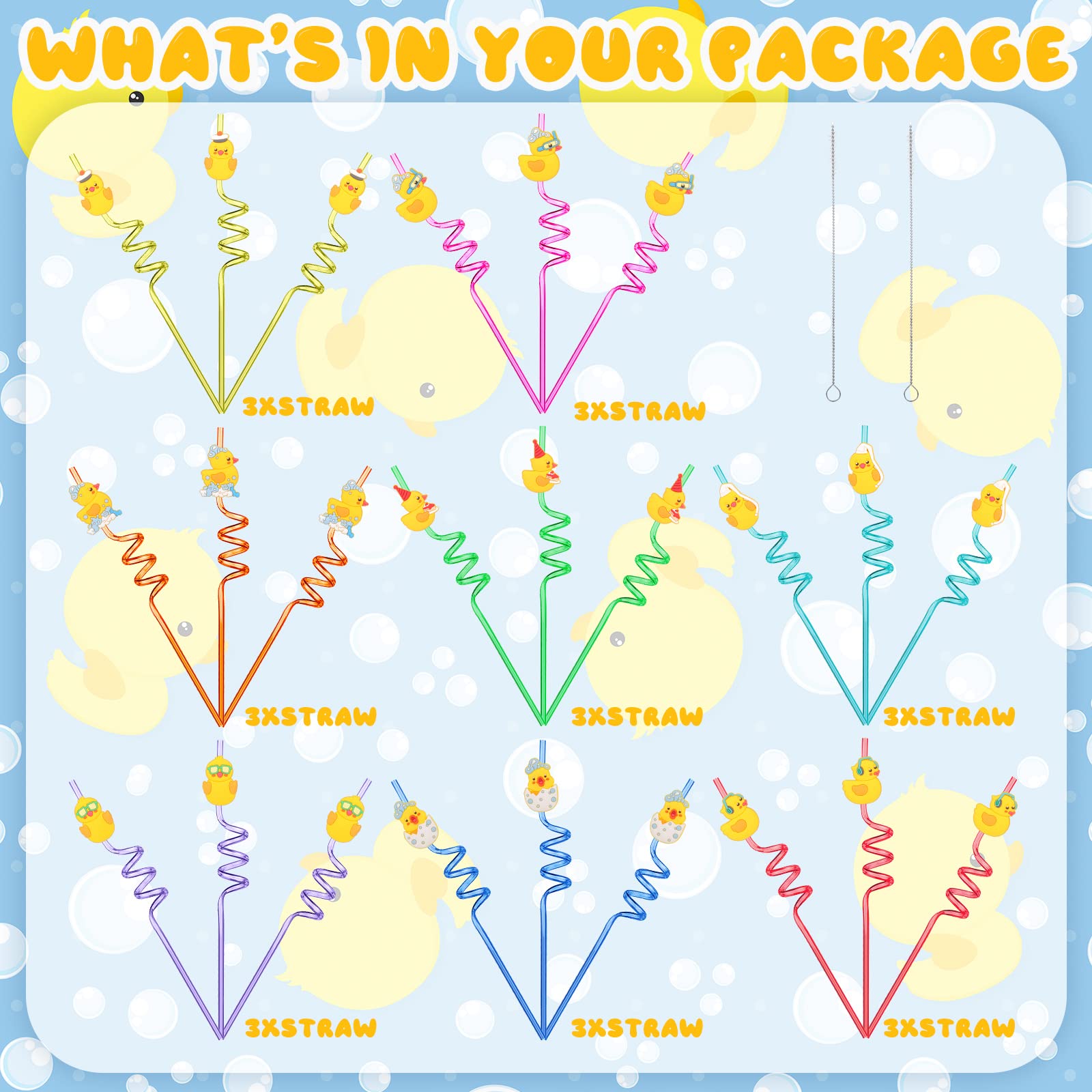 Honoson 24 Pcs Duck Straws Birthday Party Favors Drinking with 2 Pcs Cleaning Brushes Theme Reusable Plastic Silly 8 Designs(Bright Style)