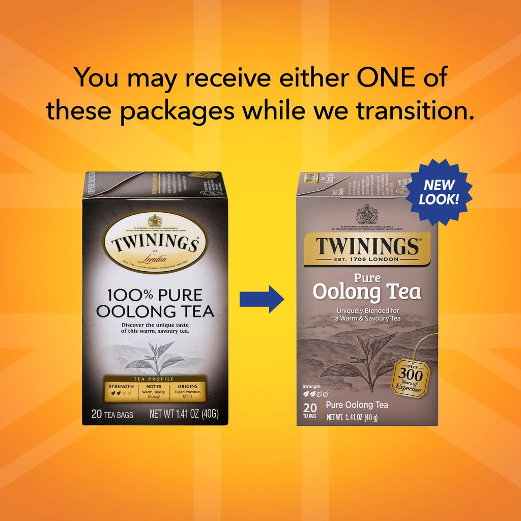 Twinings Pure Oolong Tea 2-Pack – Golden Caffeinated Tea, Individually Wrapped Tea Bags, 20 Count Each