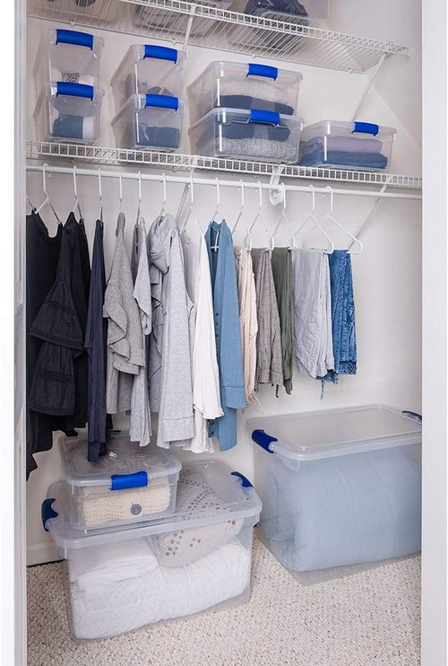 HOMZ Clear Plastic Storage Organizer Bins - 12-Pack 15.5 Quart Stackable Containers in Blue for Home & Office