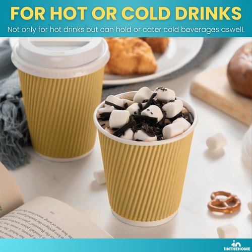 1InTheHome Disposable Coffee Cups with Lids, Paper Cups 10 oz, Insulated Ripple Wall, 50 Pack