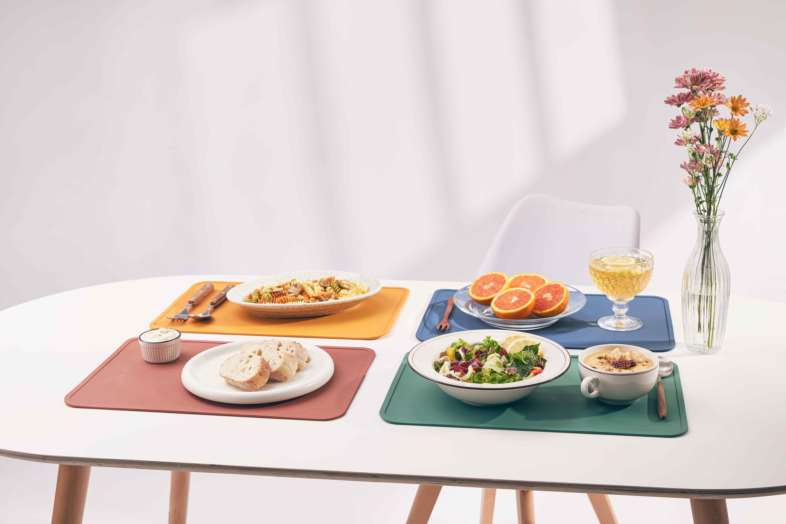 JUNO Silicone Placemat Set of 4 for Adults, Baby, Toddlers, Kids. Modern Design, Easy to Clean, Waterproof, Washable, Stain & Heat Resistant, Non-Slip, Food-Grade, 3mm Extra Thick