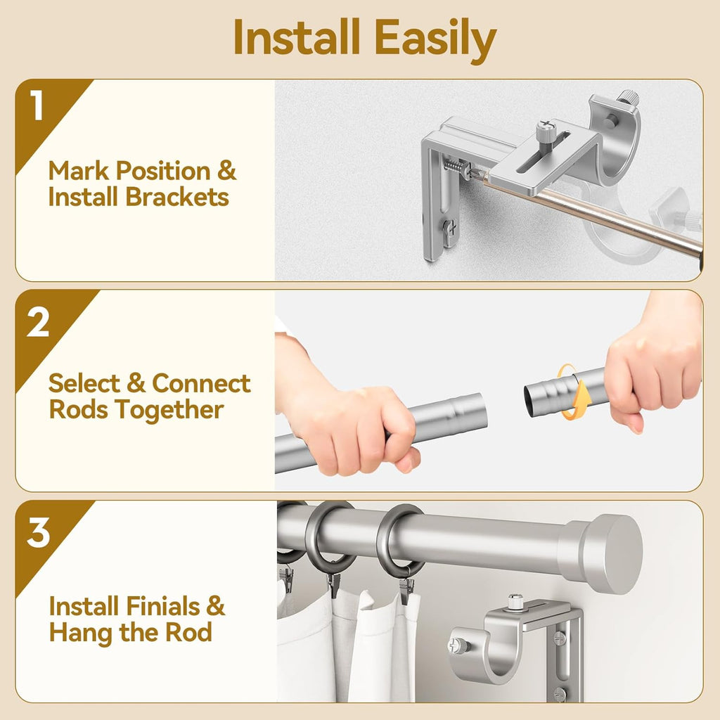YaFex Curtain Rods - Heavy Duty 1 Inch Adjustable Window Treatment Rods | 32-118 Inch, Silver Finish