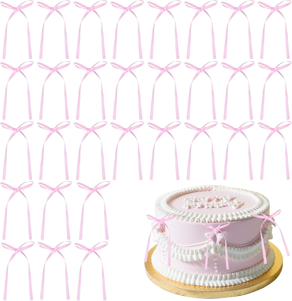 Skiennix 30Pcs Bow Cake Toppers - Pink Bowknot Decorations for Birthday & Wedding Celebrations