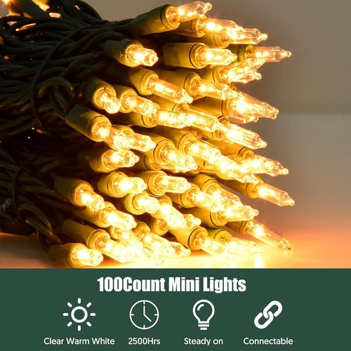 Dirnun Christmas Lights - 100 Count Clear White Incandescent Connectable Lights | UL Certified for Indoor/Outdoor Use