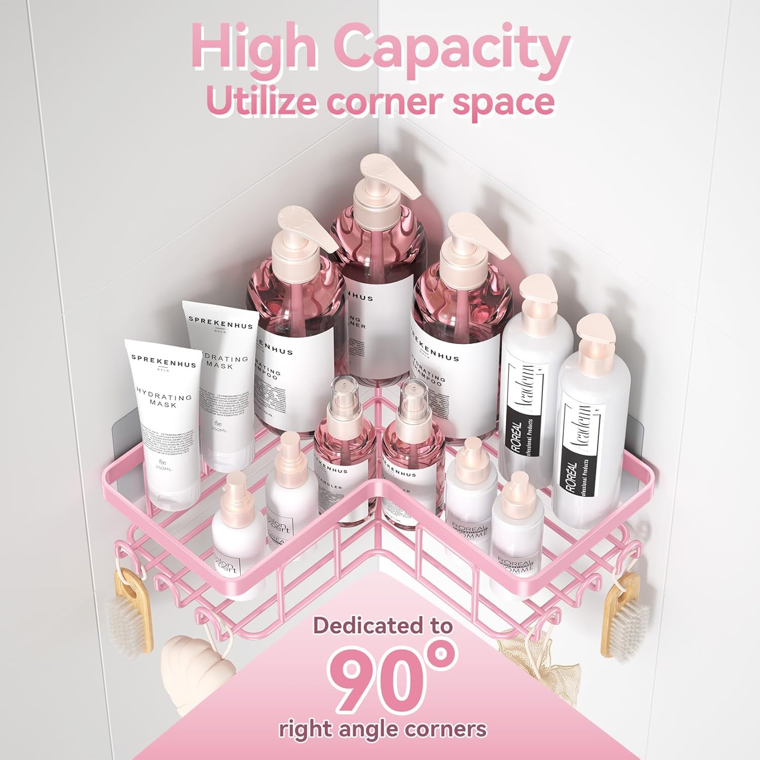 YASONIC Corner Shower Caddy - Rustproof Stainless Steel Organizer with Soap Holder & 12 Hooks | Pink, 3-Pack