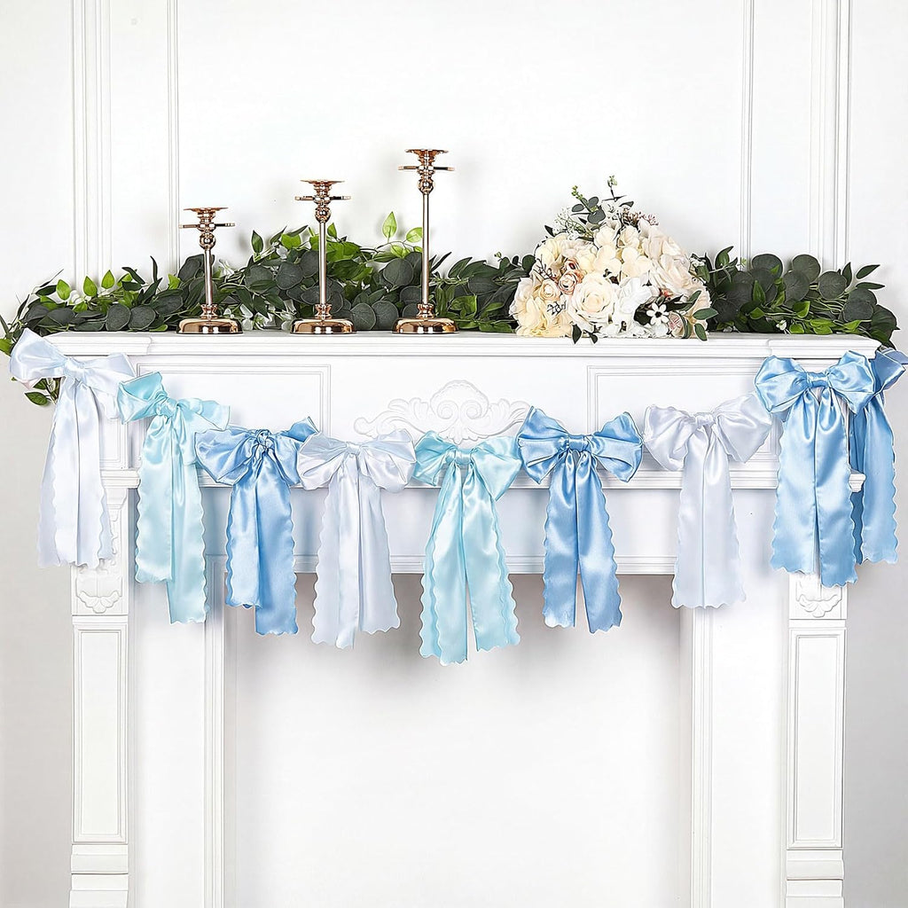 VitalCozy Blue Bow Garland - Pre-Strung Satin Ribbon Decor for Bridal Showers & Parties