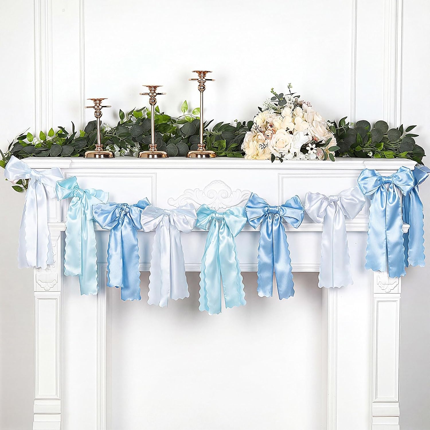 VitalCozy Blue Bow Garland - Pre-Strung Satin Ribbon Decor for Bridal Showers & Parties