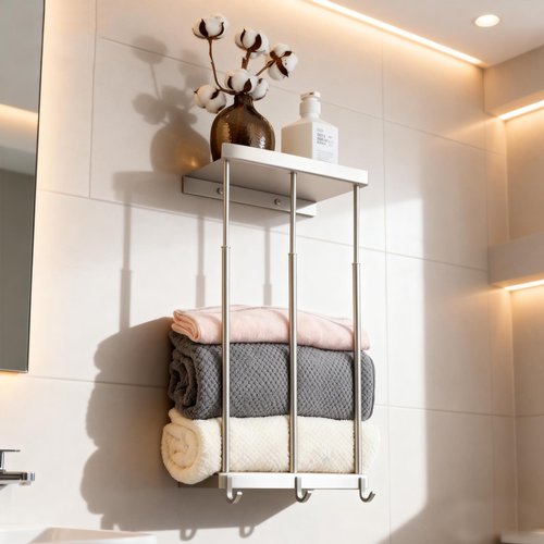 Towel Rack for Rolled Towels, 2-Tier Rolled or Folded Storage Shelves, Telescopic Stainless Steel Towel Holder with Shelf & 3 Hooks, Wall Mounted Bathroom Storage Cabinets for Modern Small Space Decor