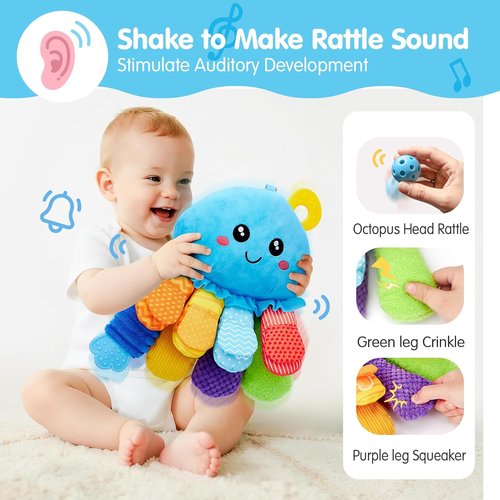 Hahaland Baby Sensory Toys - 15-in-1 Soft Tummy Time Toy with Crinkle Rattle & Mirror | Ideal for Infants 0-6 Months