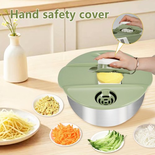 SODPE Stainless Steel Salad Spinner Large with 5 Blades Slicer, Lettuce Washer Spinner and Dryer, Vegetable Fruits Chopper Bowl, Egg Yolk Strainer Comes with Dipping Saucers and Clip, 5.3Qt