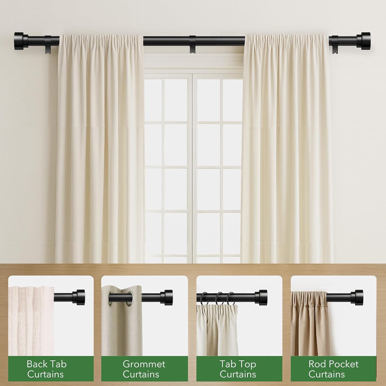Time Forest Black Curtain Rods - Adjustable 32 to 120 Inch Heavy Duty, Modern Style for Indoor/Outdoor Use