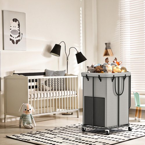 Large Laundry Hampers with Lid, Oxford Fabric Laundry Hampers, Metal Frame and Removable Bag Design with Wheels, Suitable for Bedroom, Bathroom, Dorm Room, Laundry Room (Grey with Lid)