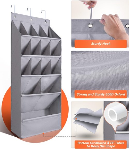 FENTEC Over-the-Door Shoe Organizer - 15 Pocket Hanging Rack for Closet | Gray Storage Solution