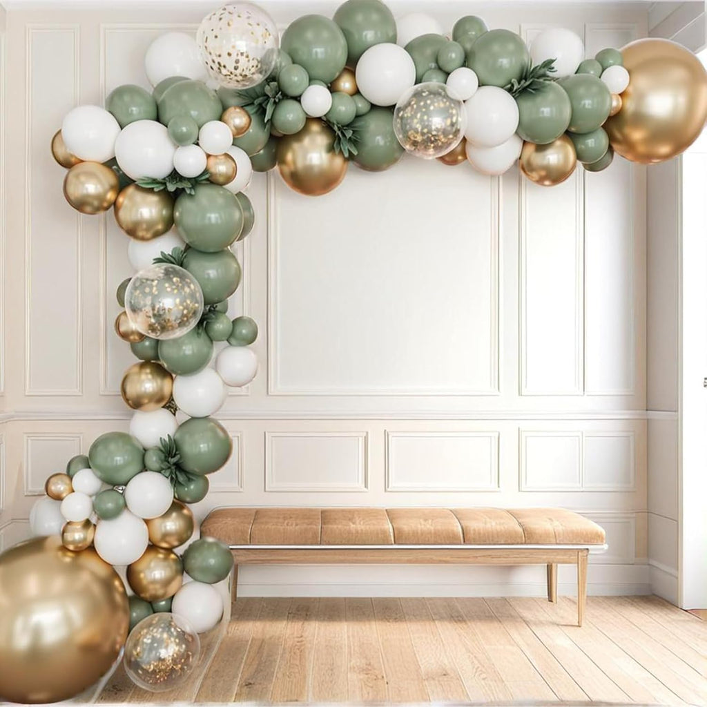 PartyWoo Balloon Arch Kit - 152-Piece Sage Green & Gold Confetti Set for Baby Showers & Birthdays