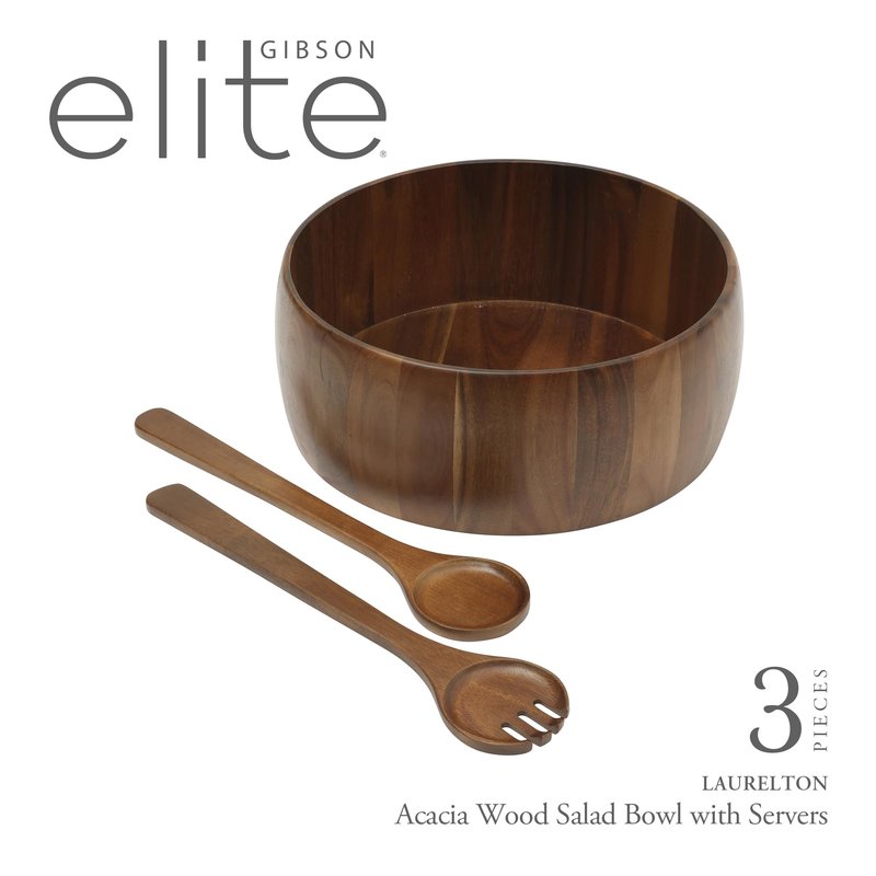 Gibson Home Laurelton 3-Piece Acacia Wood Salad Serving Bowl Set – Large 13-Inch Bowl with 2 Serving Tools