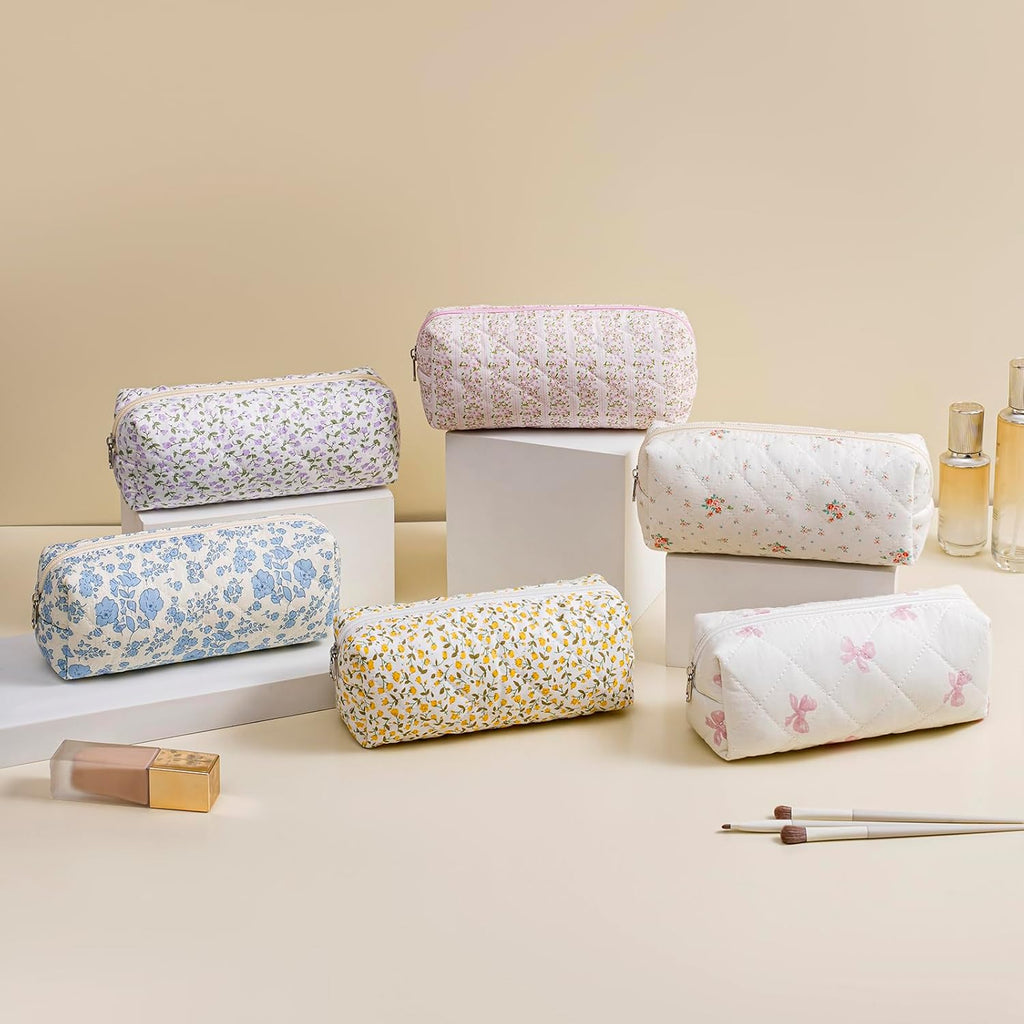 Skiennix Cute Floral Makeup Brush Bag - Quilted Travel Organizer Case in Pink Floral Design