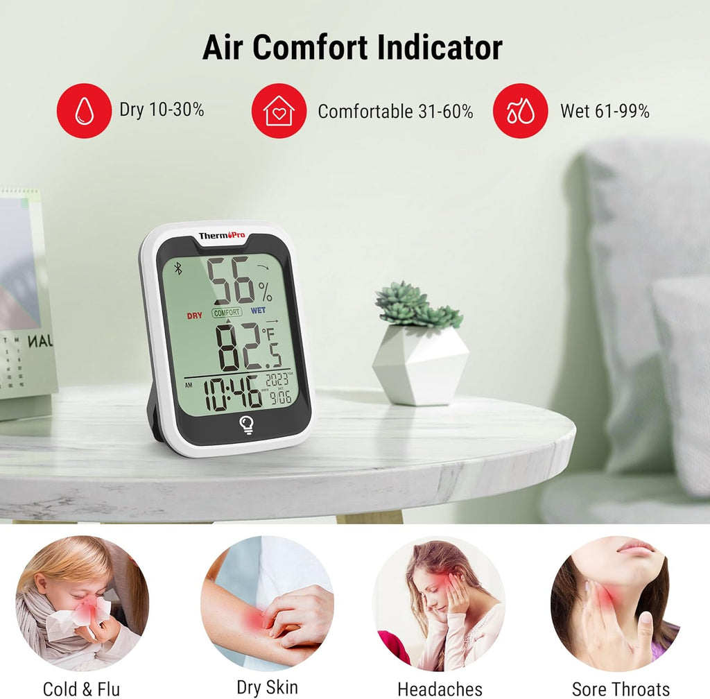 ThermoPro TP358 Bluetooth Thermometer - Smart Temperature & Humidity Sensor | 260Ft Range, Backlit Display