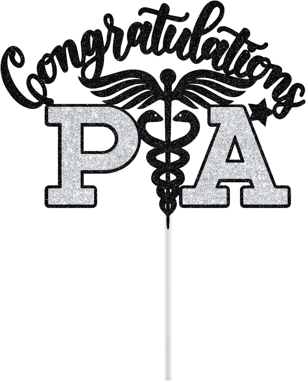 PA Cake Topper - Graduation Decorations 2025 | Congrats Nurse/Doctor, Black & Silver Glitter