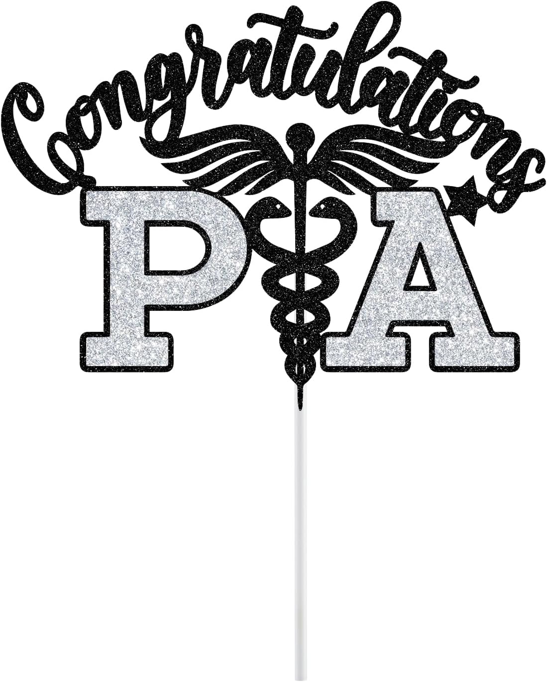 PA Cake Topper - Graduation Decorations 2025 | Congrats Nurse/Doctor, Black & Silver Glitter