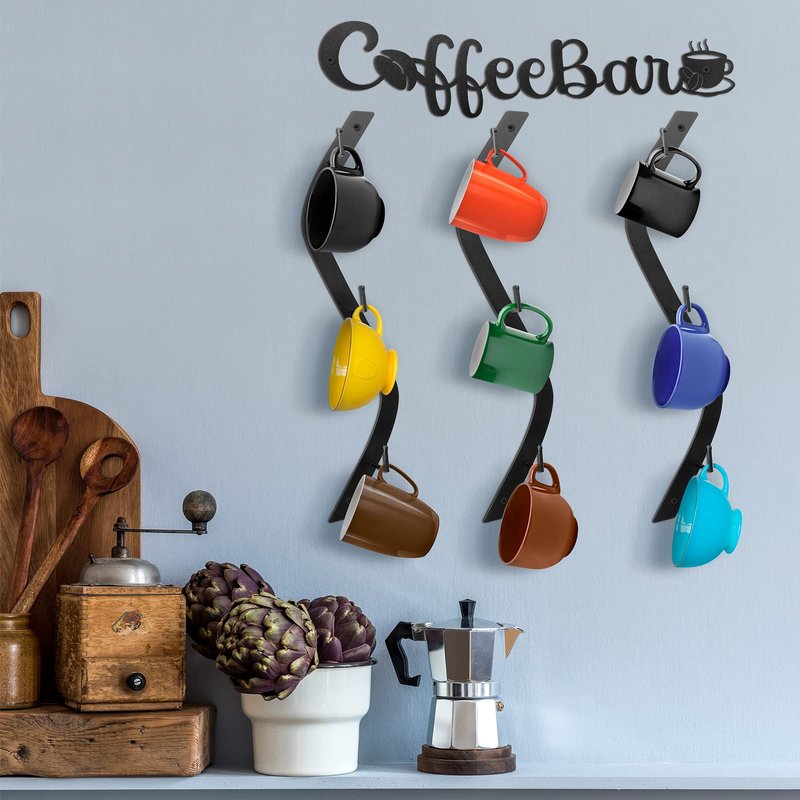 Peryiter Coffee Cup Holder Coffee Mug Wall Rack Mounted with Bar Shelf Curve Metal Cup Rack Wall Hanging Holder with 9 Hooks for Kitchen Bar Office Corner Station Decor Display
