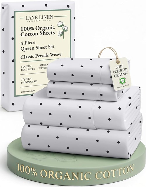 **LANE LINEN Eco-Friendly 100% Organic Cotton Queen Bed Sheet Set - Luxury Printed, Deep Pocket, Black Polka Dot**