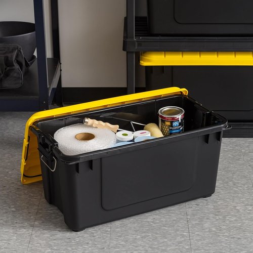 IRIS USA WeatherPro 21 Gallon Lockable Storage Bins - Heavy Duty, Stackable Utility Boxes, 4 Pack - Black/Yellow