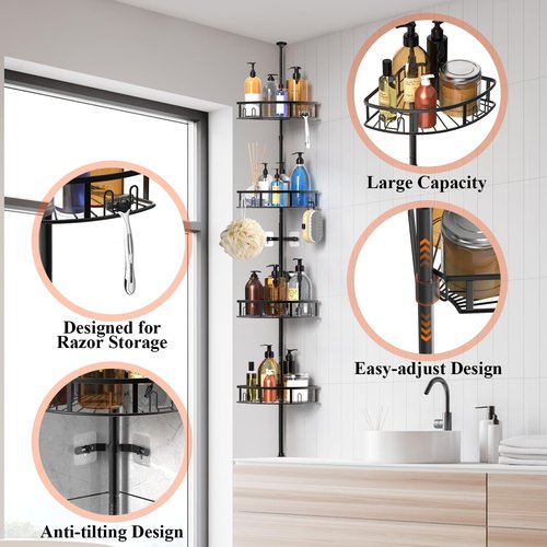 4-Tier Rustproof Corner Shower Caddy by [Brand Name] - Adjustable Height 42-115 Inch Bathroom Organizer in Black