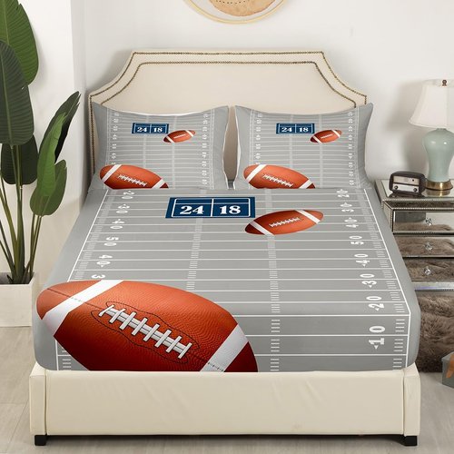 jejeloiu Football Sheet Set Queen Size Kids Rugby Sheets with Deep Pocket Fitted Sheet for Boys Girls Teens Football Bed Sheets Set Breathable Sports Theme Bedding Set Room Decor