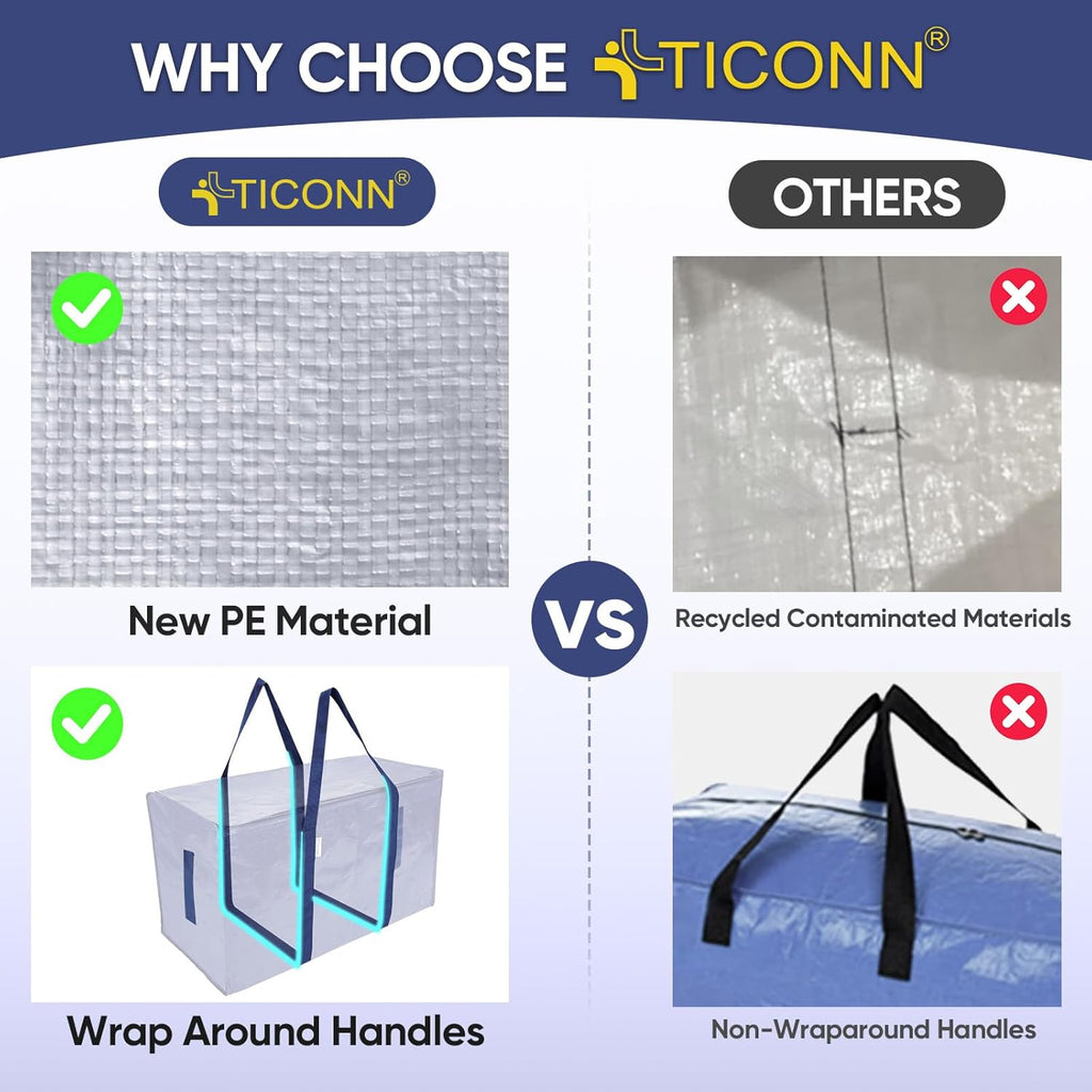 TICONN Extra Large Moving Bags - Heavy Duty Storage with Zippers & Handles | 4 Pack, Navy