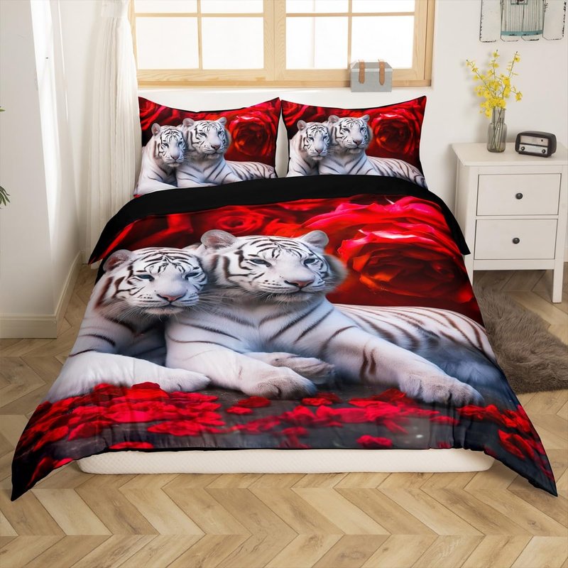Tiger Bedding Set King Size,Red Rose Flower Comforter Cover for Boys Girls,African Safari Animals Duvet Cover,Big Cat Wild Animal Skin Quilt Cover,Romantic Garden Floral Bedroom Decor