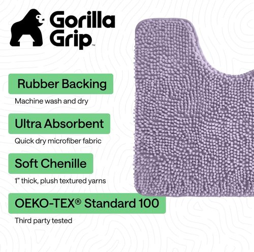 GORILLA GRIP Plush Shaggy Chenille Bath Rug Mat - Soft Microfiber, Oval Toilet Base, Machine Washable, Light Purple
