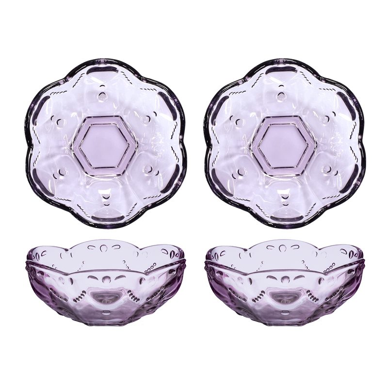 CHOOLD 4pcs Vintage Romantic Glass Sakura Shape Heart Embossed Dessert Bowl - Ice Cream, Trifle, Salad Dish - Purple, 8oz