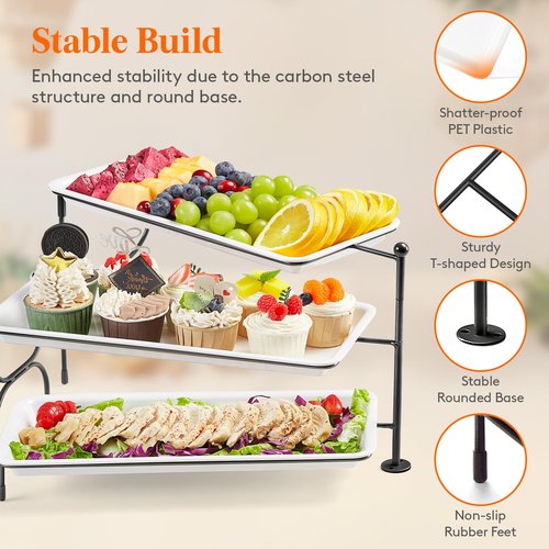Lifewit 3 Tier Serving Tray, 36 x 17 cm/14 x 6.5 White Plastic Tiered Food Serving Platters, Rotating Tiered Tray Stand for Party with Black Collapsible Metal Stand, Dessert Table Stands for Cookies