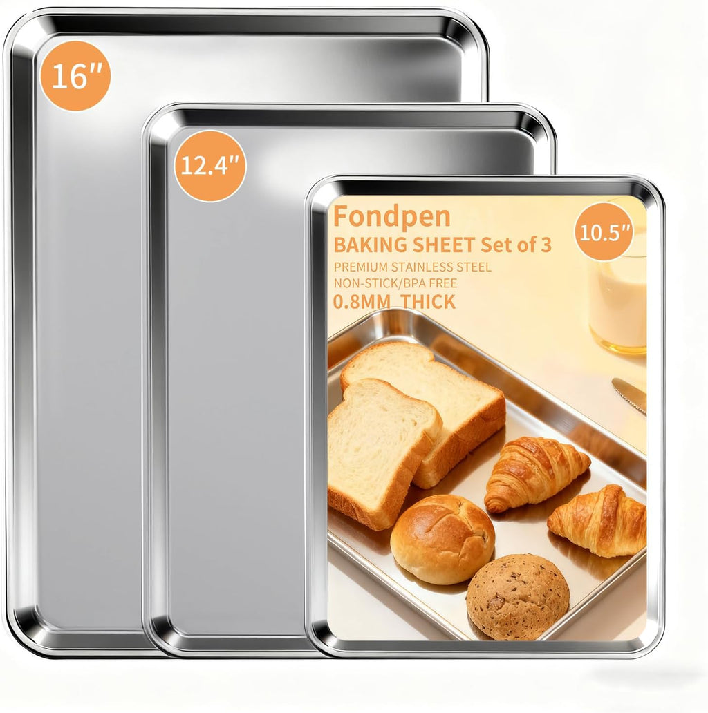 Skiennix Baking Sheet Set - Heavy Duty Stainless Steel Cookie Sheets | Non-Stick, Easy Clean, 10.5/12.4/16 Inch