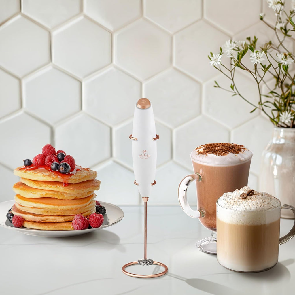 Zulay Kitchen Milk Frother Wand - Ultra Fast Electric Whisk for Coffee & Lattes | White & Rose Gold