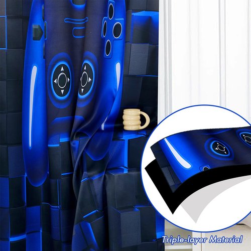 PERFEMET Gamer Kids Curtains for Bedroom 2 Panels-Black Blue Video Game Console Blackout Cutain for Boys Teen Living Room Home Decor 3D Cool Gaming Grommet Window Treatment Drapes(Blue, 42x63inch)