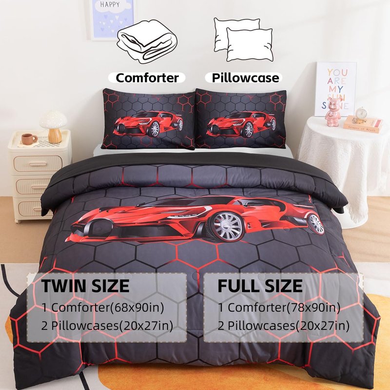Podol 3 Pieces Race Car Comforter Set Full Size Red Sports Car Bedding Sets for Boy 3D Geometric Bed in a Bag Kids Extreme Sports Theme Quilt Set