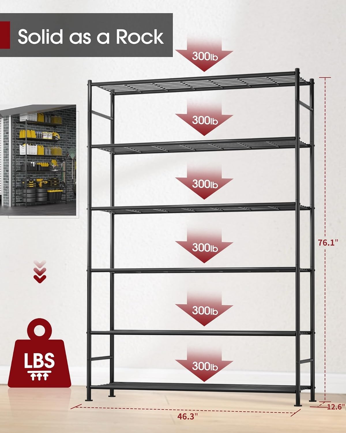 Sakugi Storage Shelves - Heavy Duty 6-Tier Organizer for Garage, Kitchen & Pantry | 46.3" W x 12.6" D x 76.1" H, Black